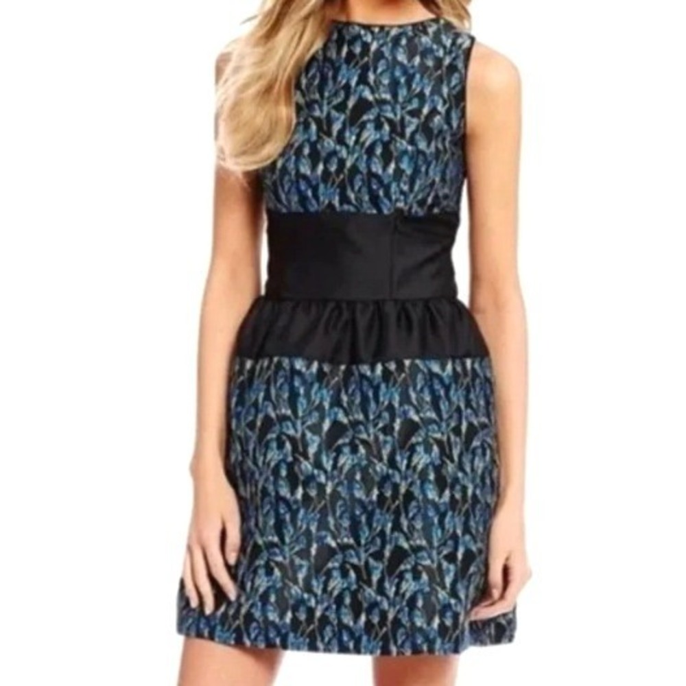 BELLE BADGLEY MISCHKA Womens 12 Blue Black Floral Brocade Satin Waist Mini Dress